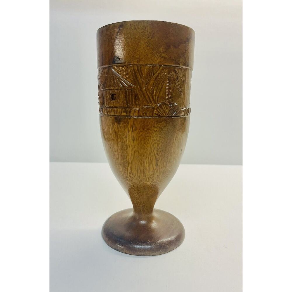 Vintage hand carved wooden tiki goblet - Leaves Tribal Design Signed Wood